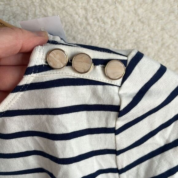 J Crew Striped Pearl Button Shoulder Artist Tee Womens XXS White Navy Blue - Picture 6 of 10